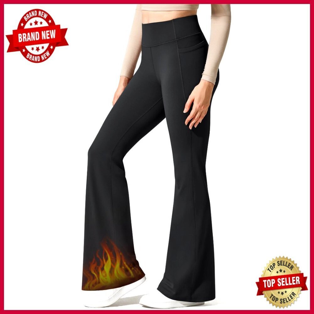 Fleece Lined High Waist Flare Leggings with Pockets for Yoga and Casual Wear